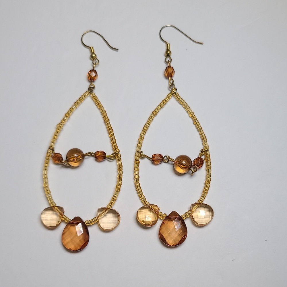 Gold and Brown Beaded Teardrop Dangle Earrings